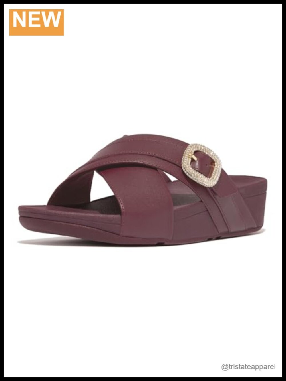 Leather Cross Strap Slide Sandals Crystal Buckle Wedge Sandals